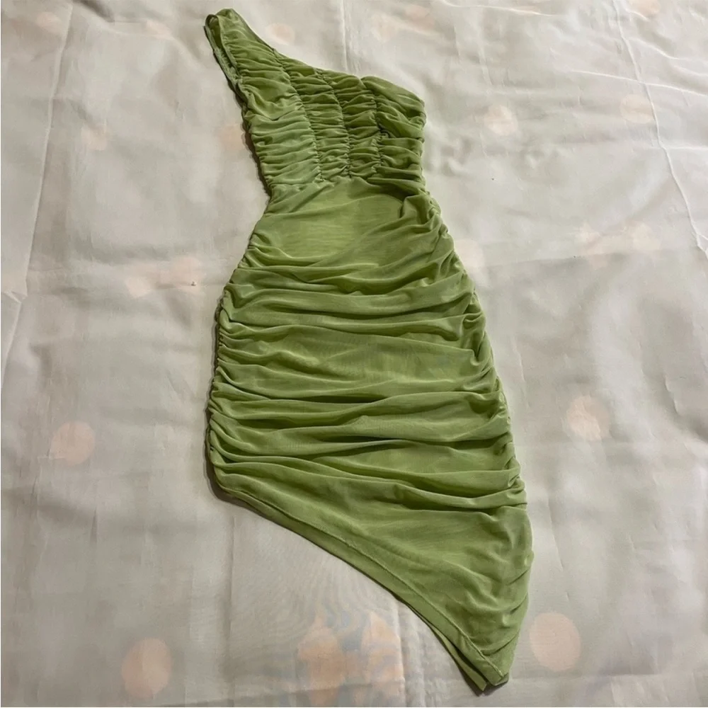 Danielle Guizio- Lime Green One Shoulder Asymmetrical Ruched Midi Dress Size S
